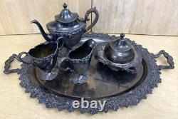 Antique 6 Pc. Repousse Tea Set Homan Silverplate With STERLING KNIFE WOOD HANDLE