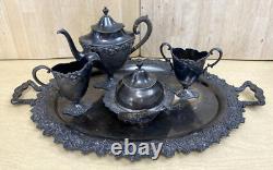 Antique 6 Pc. Repousse Tea Set Homan Silverplate With STERLING KNIFE WOOD HANDLE