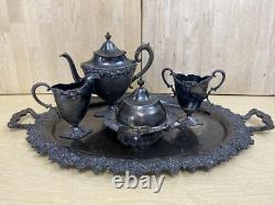 Antique 6 Pc. Repousse Tea Set Homan Silverplate With STERLING KNIFE WOOD HANDLE