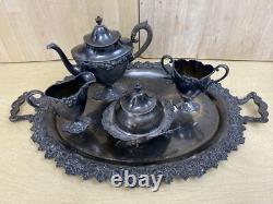 Antique 6 Pc. Repousse Tea Set Homan Silverplate With STERLING KNIFE WOOD HANDLE