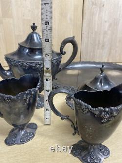 Antique 6 Pc. Repousse Tea Set Homan Silverplate With STERLING KNIFE WOOD HANDLE