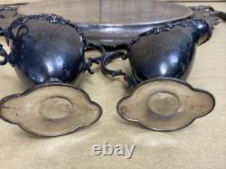 Antique 6 Pc. Repousse Tea Set Homan Silverplate With STERLING KNIFE WOOD HANDLE