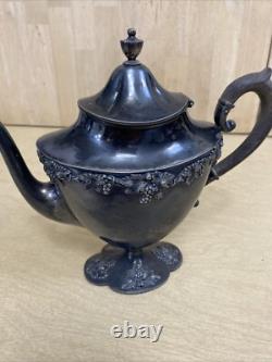 Antique 6 Pc. Repousse Tea Set Homan Silverplate With STERLING KNIFE WOOD HANDLE