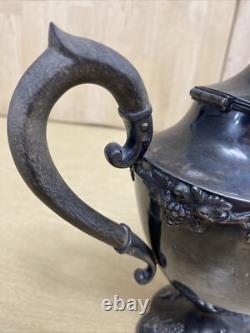 Antique 6 Pc. Repousse Tea Set Homan Silverplate With STERLING KNIFE WOOD HANDLE