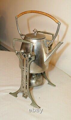 Antique Art Deco wicker wrapped nickel plate tea set kettle dispenser stand set