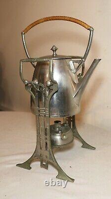 Antique Art Deco wicker wrapped nickel plate tea set kettle dispenser stand set