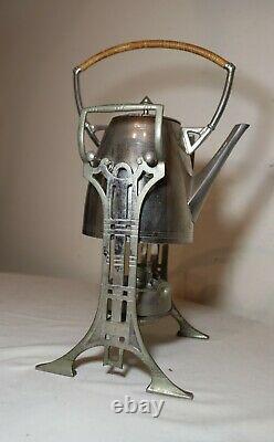 Antique Art Deco wicker wrapped nickel plate tea set kettle dispenser stand set