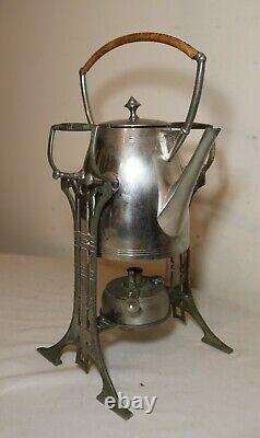 Antique Art Deco wicker wrapped nickel plate tea set kettle dispenser stand set