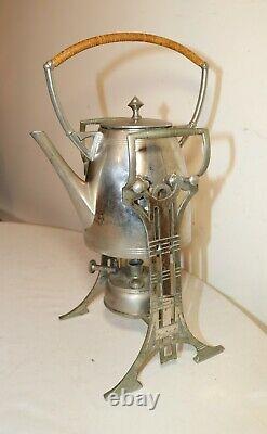 Antique Art Deco wicker wrapped nickel plate tea set kettle dispenser stand set