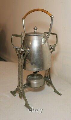 Antique Art Deco wicker wrapped nickel plate tea set kettle dispenser stand set