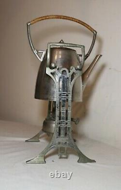 Antique Art Deco wicker wrapped nickel plate tea set kettle dispenser stand set
