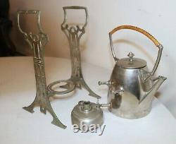 Antique Art Deco wicker wrapped nickel plate tea set kettle dispenser stand set