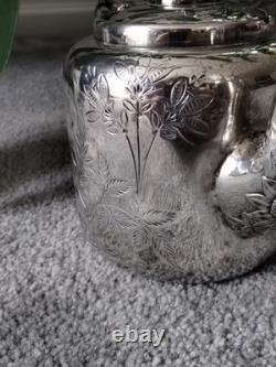 Antique BJ Benjamin W Mayo Co Silver Plate Aesthetic Birds Sunflowers Tea Pot