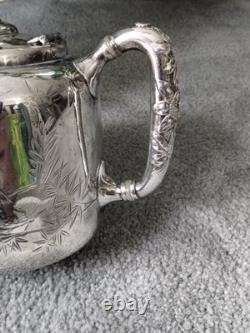 Antique BJ Benjamin W Mayo Co Silver Plate Aesthetic Birds Sunflowers Tea Pot