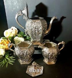 Antique Barbour Silver Co. Silver Plated Tea Set Dutch Repousse Scenes Set