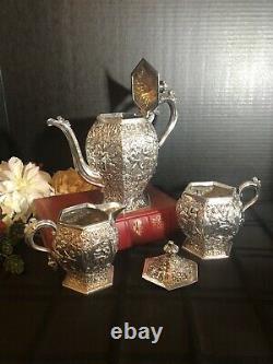 Antique Barbour Silver Co. Silver Plated Tea Set Dutch Repousse Scenes Set