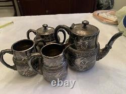 Antique Barbour Victorian Silver Plate Hand Chased EPNS 5 Piece Tea Set Repousse