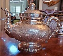 Antique Chinese Export Silver FULL Tea Set Repousse Phoenix Figural