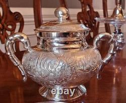 Antique Chinese Export Silver FULL Tea Set Repousse Phoenix Figural