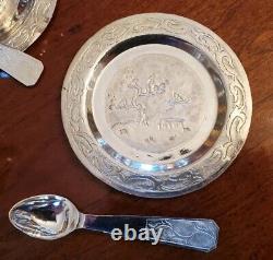 Antique Chinese Export Silver FULL Tea Set Repousse Phoenix Figural