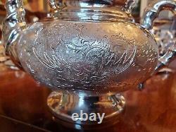 Antique Chinese Export Silver FULL Tea Set Repousse Phoenix Figural