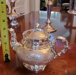 Antique Chinese Export Silver FULL Tea Set Repousse Phoenix Figural