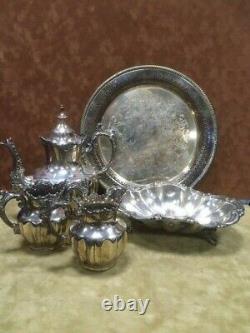 Antique Derby Silver Co. Quadruple Plate-4-Piece Tea Set and 1 Reed Barton Dish
