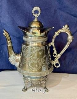 Antique Derby Silver Co Quadruple Plate Footed Teapot 1600 Ornately Etched 10.5