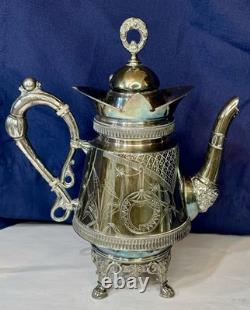 Antique Derby Silver Co Quadruple Plate Footed Teapot 1600 Ornately Etched 10.5