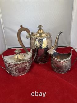 Antique ELLIS BARKER English Silver Plate Teapot Creamer Sugar Bowl Tea Set