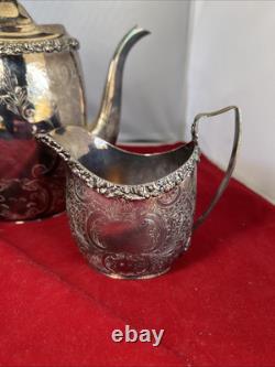Antique ELLIS BARKER English Silver Plate Teapot Creamer Sugar Bowl Tea Set