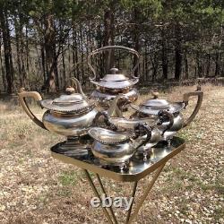 Antique E. G. Webster Silver Plate Tea Set 6pcs Kettle Warmer Pot Cream Sugar