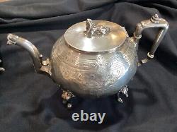 Antique Egyptian Revival Victorian 4 Piece Silver Plated Tea Set Figural Sphinx