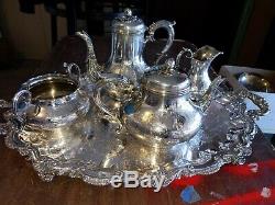 Antique Elkington Silverplate Tea Set and Webster Wilcox Tray Monogrammed R
