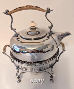 Antique English Barker Ellis Silver Plate Tea Kettle Pot Stand Warmer w Burner