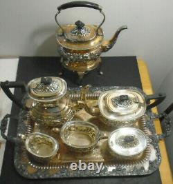 Antique English Sheffield Silver Plate Coffee Tea Service + Forbes Serving Tray