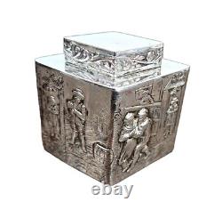 Antique English Silver Plate Diamond Form Chased Tea Caddy Etched Decorative