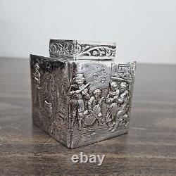 Antique English Silver Plate Diamond Form Chased Tea Caddy Etched Decorative