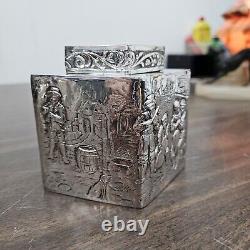 Antique English Silver Plate Diamond Form Chased Tea Caddy Etched Decorative