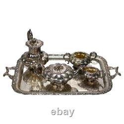 Antique English Silver Plate Four Piece Tea Set with Tray 19th C