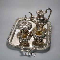 Antique English Silver Plate Four Piece Tea Set with Tray 19th C