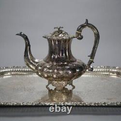 Antique English Silver Plate Four Piece Tea Set with Tray 19th C