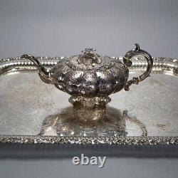 Antique English Silver Plate Four Piece Tea Set with Tray 19th C