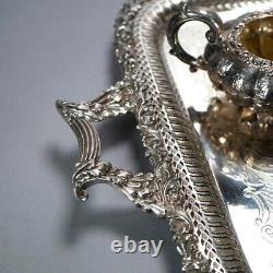 Antique English Silver Plate Four Piece Tea Set with Tray 19th C