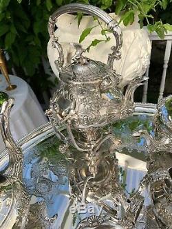 Antique English Silver-plate Coffee & Tea Set with 2-piece Water/tea Urn & Tray