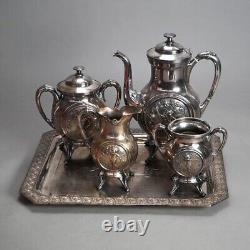 Antique Five Piece Bailey & Brainard Egyptian Revival Silver Plate Tea Set C1890