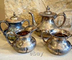 Antique Floral Silver Plate 4 Piece Tea Set 345 New Bedford Mass Pairpoint Mfg