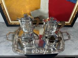 Antique French Art Deco Silver Plated Tea Set with Tray Complete 5 Pieces 1930s