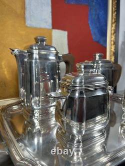 Antique French Art Deco Silver Plated Tea Set with Tray Complete 5 Pieces 1930s