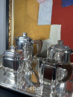 Antique French Art Deco Silver Plated Tea Set with Tray Complete 5 Pieces 1930s
